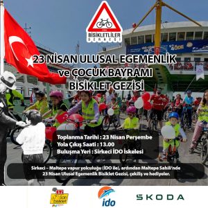 23 Nisan Ulusal Egemenlik ve Çocuk Bayramı'nda muhteşem bir bisiklet gezisi sizi bekliyor! Sirkeci İDO iskelesinden kalkacak vapurla başlayacak yolculuk, Maltepe sahilinde bisiklet turu ve sürpriz çekilişlerle devam edecek. Bu anlamlı bayramda sağlıklı bir gelecek için birlikte pedallıyoruz.